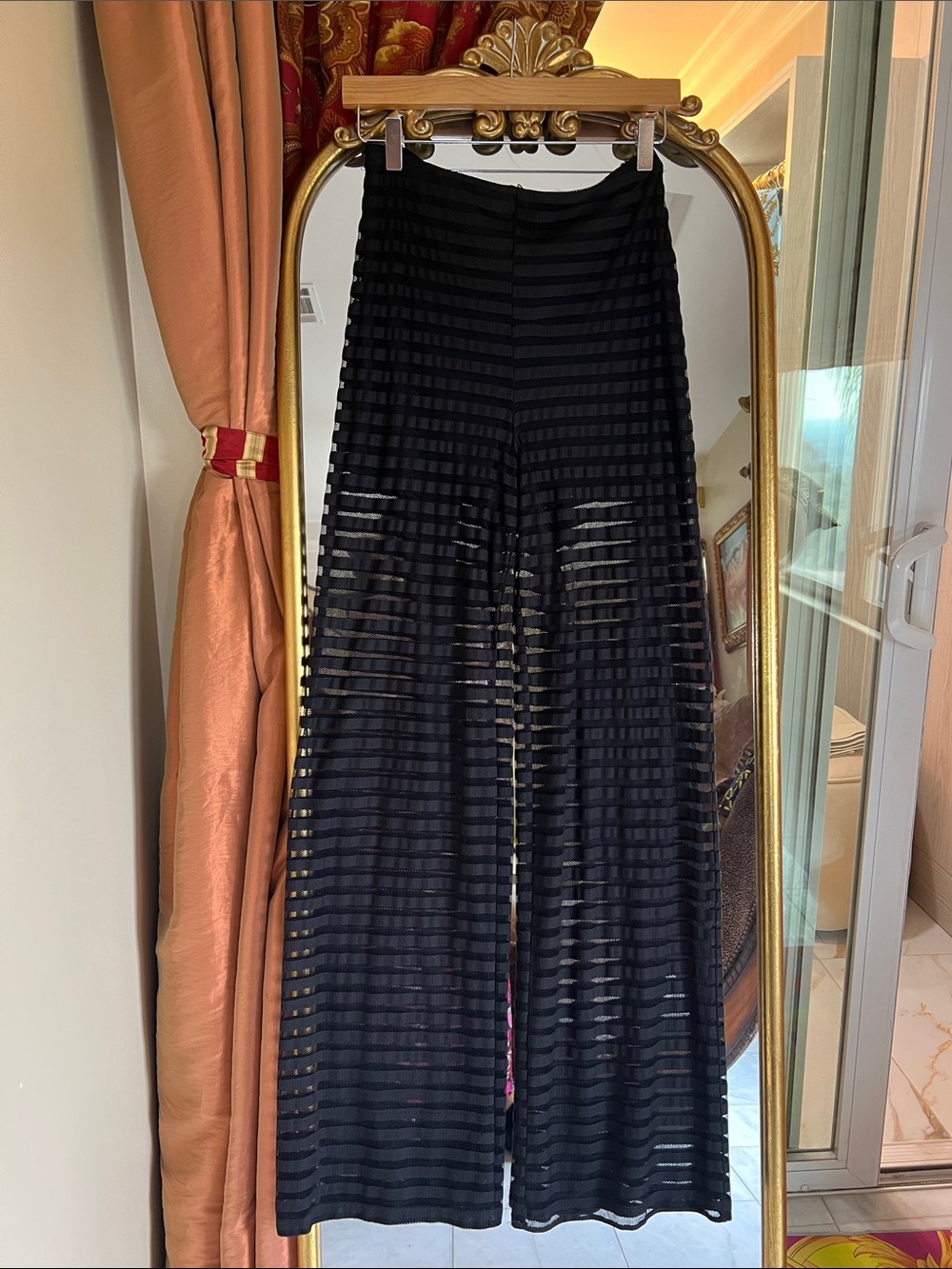 bebe Black Sheer Striped Wide-Leg Skirt